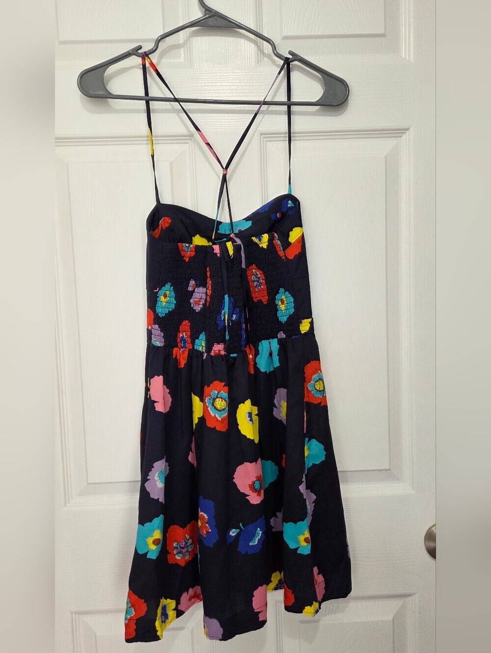 American Eagle Rainbow Poppy Floral Blue Mini Sundress with Pockets Size 2 - Picture 4 of 10